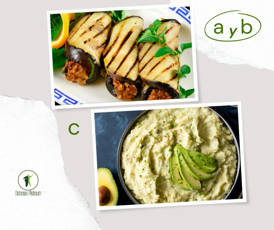 Rollitos de berenjena con carne picada con puré de papas cremoso y aguacate